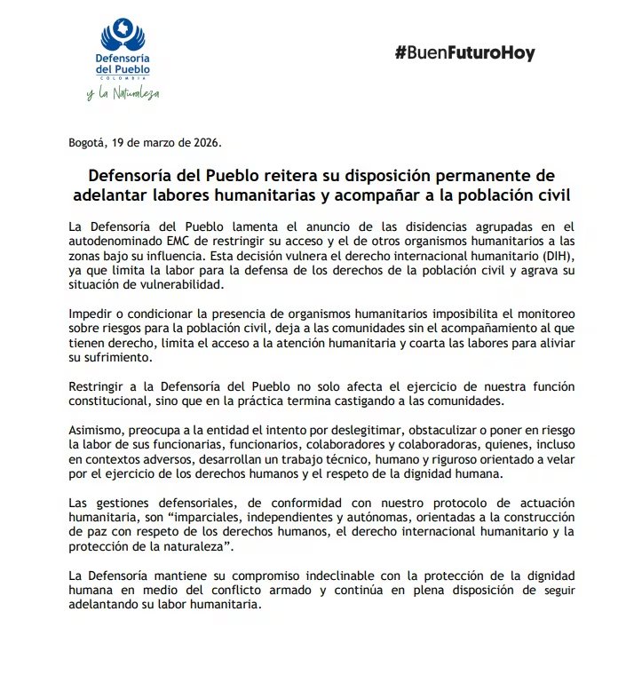 Esto dice la misiva emitida en la cuenta de X del Estado Mayor Central @Pueblo<em>Dignidad – crédito @Pueblo</em>Dignidad/X» class=»aligncenter size-full» src=»https://kchcomunicacion.com/wp-content/uploads/2026/03/ONU-OEA-y-Defensoria-del-Pueblo-respondieron-al-b-1.jpg» style=»width:100%; height:auto; margin-bottom: 20px;»/></p>
<p>En declaraciones públicas, la funcionaria <strong>Iris Marín</strong> subrayó que la medida del <strong>Estado Mayor Central</strong> margina a las comunidades rurales de beneficios fundamentales. Sin la presencia de estas misiones, los ciudadanos no podrán acceder a <strong>ayudas humanitarias</strong>, procesos de <strong>liberación de personas secuestradas</strong> ni recibir atención médica urgente en caso de resultar heridos durante enfrentamientos armados.</p>
<p>Asimismo, la titular de la <strong>Defensoría del Pueblo</strong> rechazó tajantemente los señalamientos del <strong>EMC</strong>, quienes acusaron a la institución de producir alertas tempranas bajo intereses manipulados. Marín defendió la integridad de la entidad, asegurando que su labor operativa se rige bajo principios de <strong>autonomía, independencia e imparcialidad</strong>.</p>
<p>Por su parte, el <strong>Gobierno nacional</strong> manifestó su respaldo absoluto a la labor humanitaria en el territorio nacional. El ministro del Interior, <strong>Armando Benedetti</strong>, utilizó sus canales oficiales para ratificar que no se permitirán presiones de grupos ilegales que busquen desplazar a los organismos de derechos humanos.</p>
<p><img decoding=