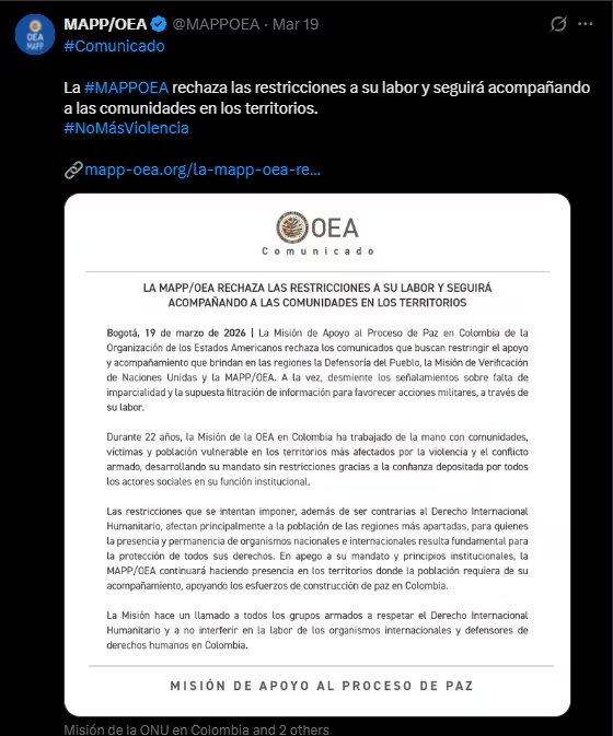 Esta fue la comunicación de la Mapp/OEA - crédito @MAPPOEA/X