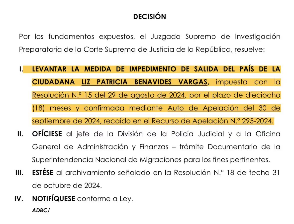 Levantan el impedimento de salida del país de Patricia Benavides.