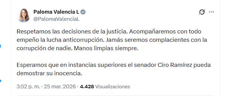 La candidata Paloma Valencia se pronunció sobre la decisión de la Corte Suprema de Justicia de condenar a Ciro Ramírez en primera instancia - crédito @PalomaValenciaL/X