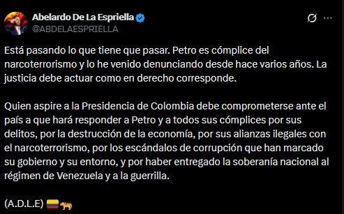 El candidato presidencial, Abelardo de la Espriella, criticó la situación y señaló a Petro como cómplice del narcoterrorismo desde hace varios años- Crédito @Abdelaspriella/X