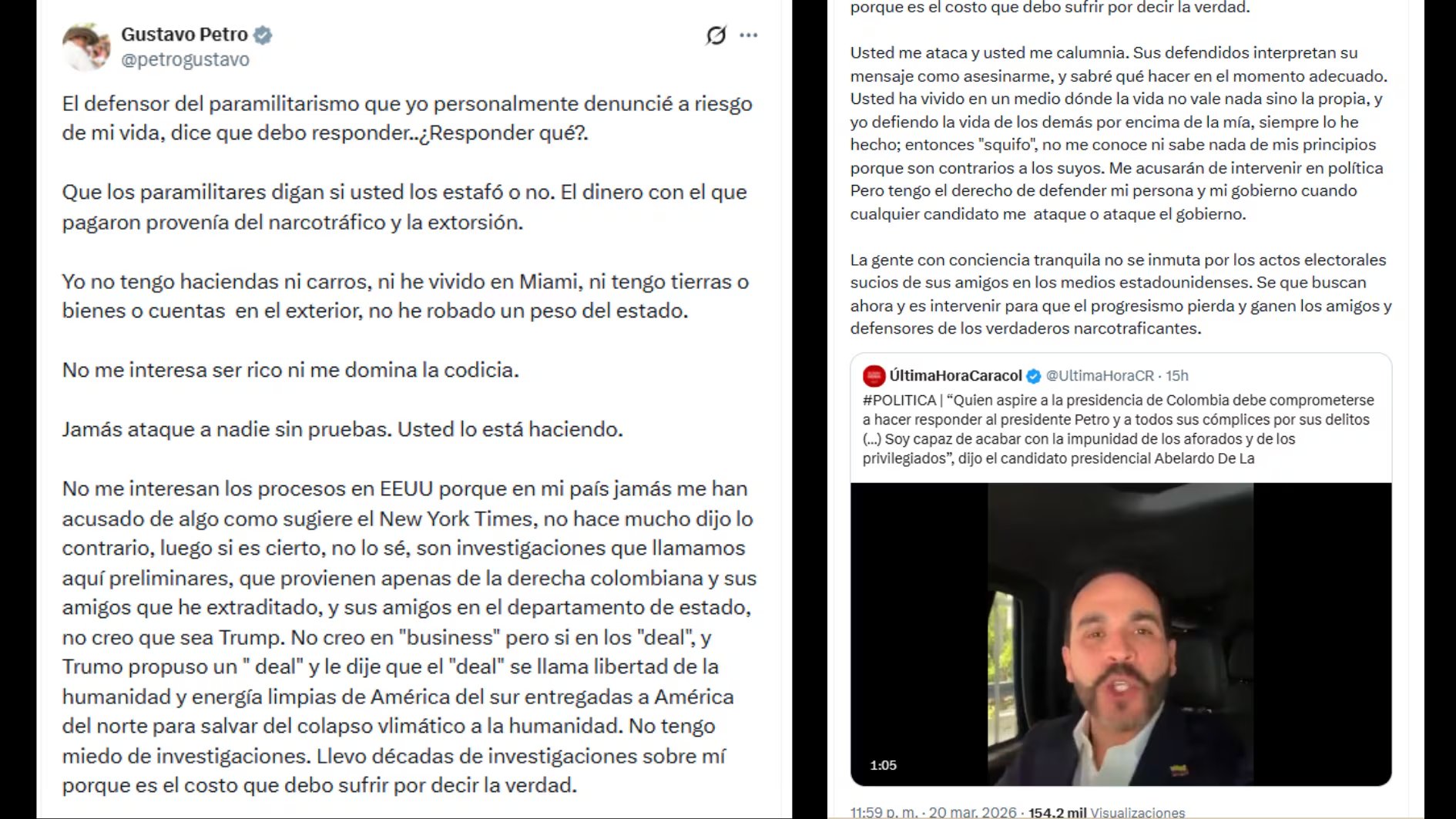 El primer mandatario sostuvo que el dinero que recibió el abogado por su labor provenía del narcotráfico y la extorsión - crédito @petrogustavo/X