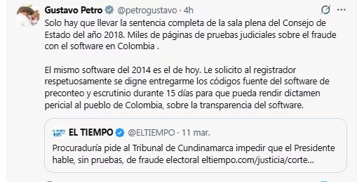 Petro sigue con sus denuncias, sin pruebas entregadas a las autoridades, sobre fraude electoral - crédito @petrogustavo/X