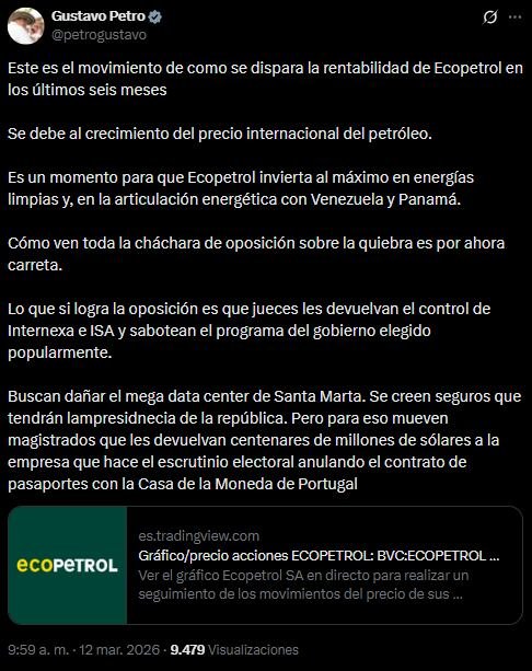 Desde X, Petro respondió a quienes auguran la quiebra de Ecopetrol y aprovechó para señalar al poder judicial de actuar en favor de intereses privados antes de las elecciones.- crédito @PetroGustavo/X