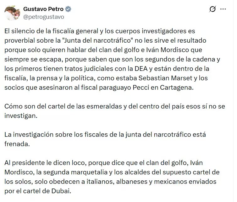 Gustavo Petro, presidente de Colombia, criticó el silencio de la Fiscalía ante la captura de un capo colombiano en Dubái - crédito @PetroGustavo/X