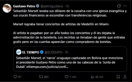 El presidente Gustavo Petro se refirió a la captura de Sebastián Marset en Bolivia - crédito @PetroGustavo/X