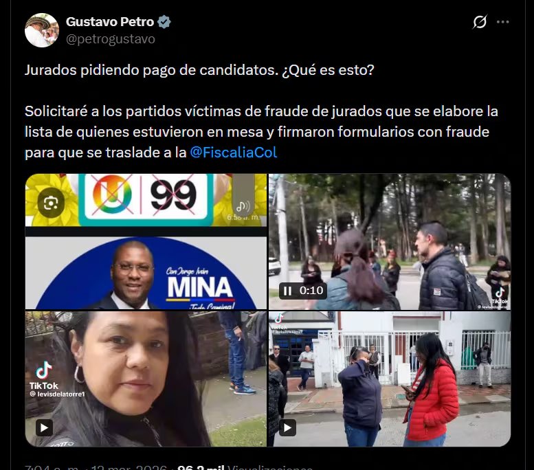 Gustavo Petro confirmó que solicitará a los partidos “víctimas” de supuesto fraude electoral tratar de identificar a los jurados y trasladar los nombres a la Fiscalía General de la Nación - crédito @petrogustavo/X