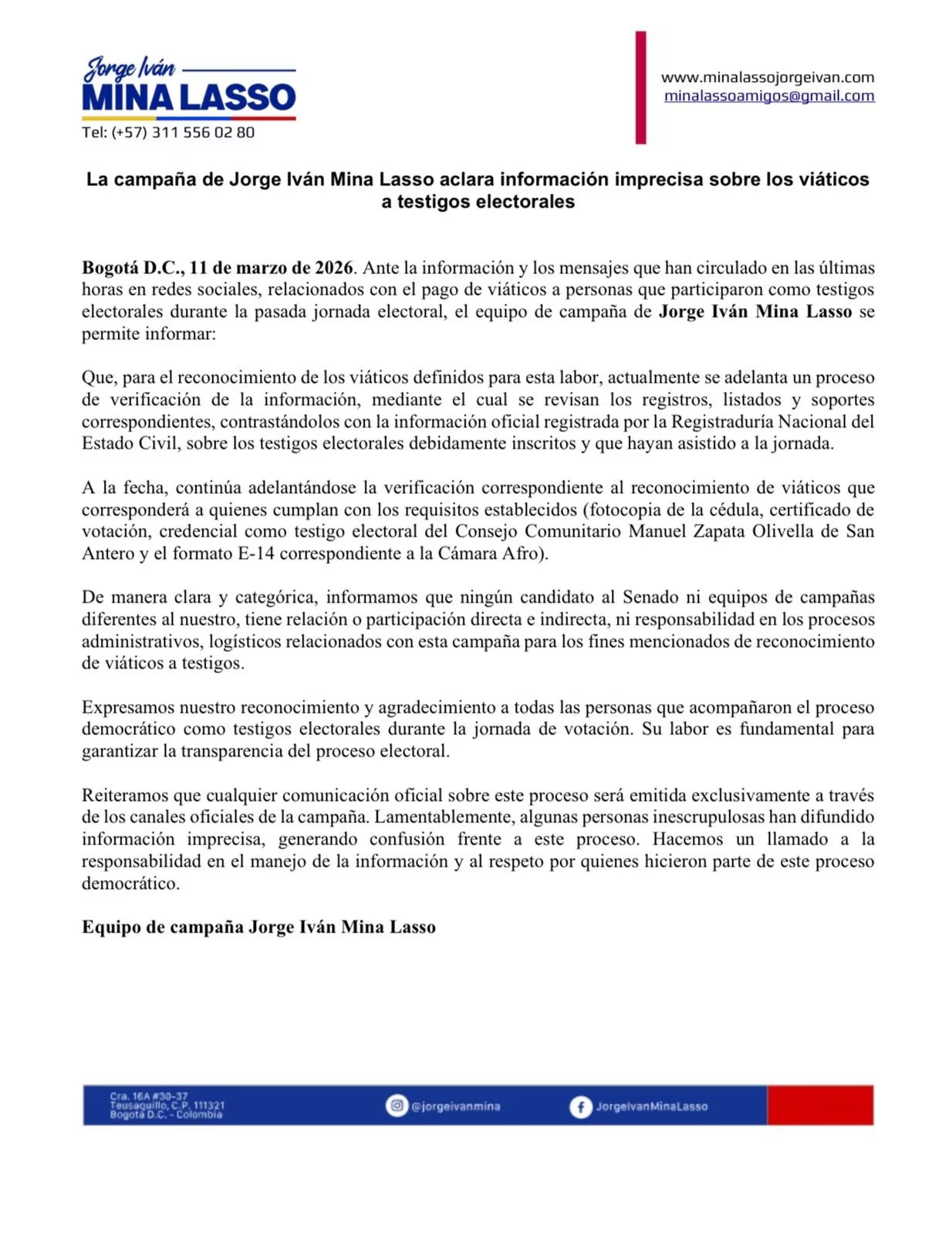 El comunicado de Jorge Iván Mina precisó que actualmente se adelantan un proceso de verificación de la información, mediante el cual se revisan los registros, listados y soportes correspondientes - crédito campaña Jorge Iván Mina