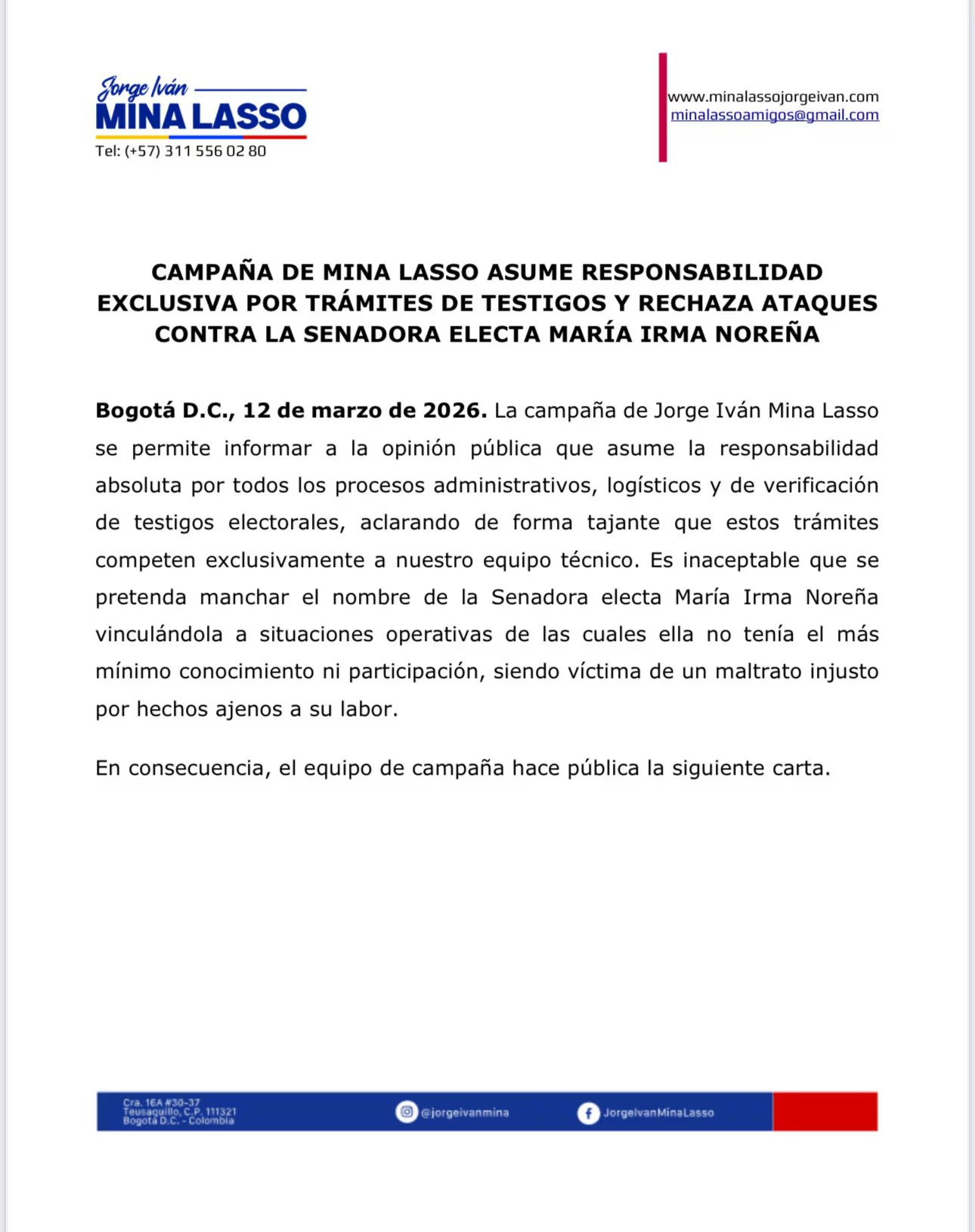 La campaña de Jorge Iván Mina reiteraron que cualquier comunicación oficial sobre este proceso será emitida exclusivamente a través de los canales oficiales de la campaña - crédito campaña Jorge Iván Mina
