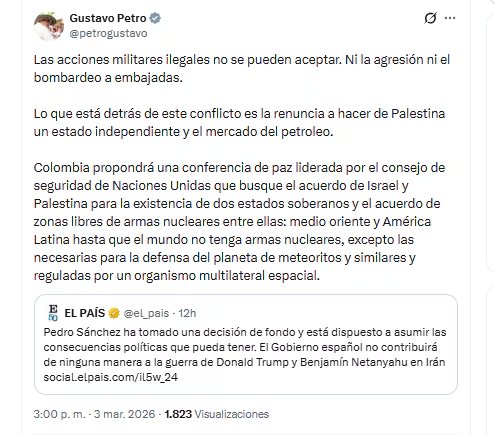 El presidente Gustavo Petro rechazó la guerra en Medio Oriente y aseguró que