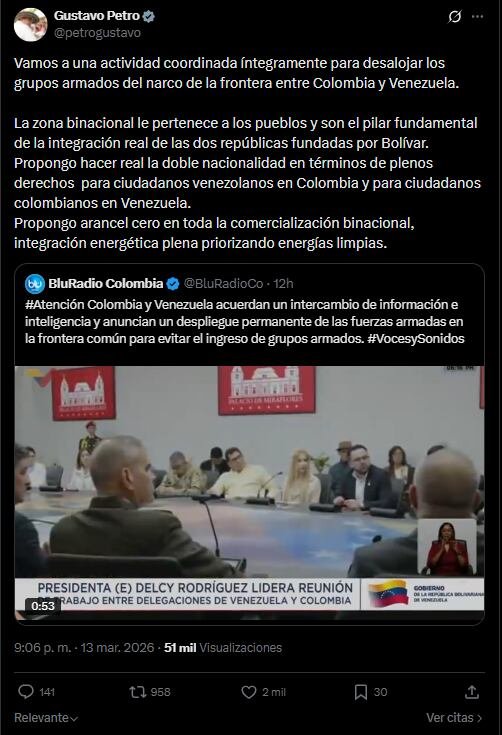 El presidente Gustavo Petro publicó en su cuenta de X la propuesta de arancel cero en el comercio binacional, doble nacionalidad e integración energética entre Colombia y Venezuela- crédito @PetroGustavo/X