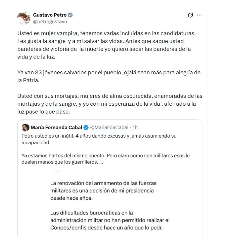 Con esta publicación, el presidente Gustavo Petro le salió al paso a las críticas de la María Fernanda Cabal, a la que categorizó con duros términos - crédito @petrogustavo/X