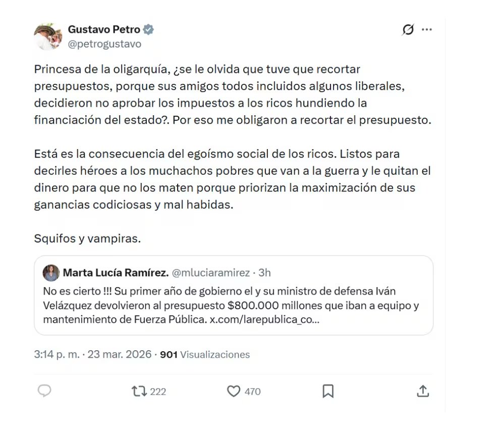 En este mensaje en X, el presidente Gustavo Petro arremetió contra la exvicepresidenta Marta Lucía Ramírez, a la que cuestionó por sus orígenes - crédito @petrogustavo/X