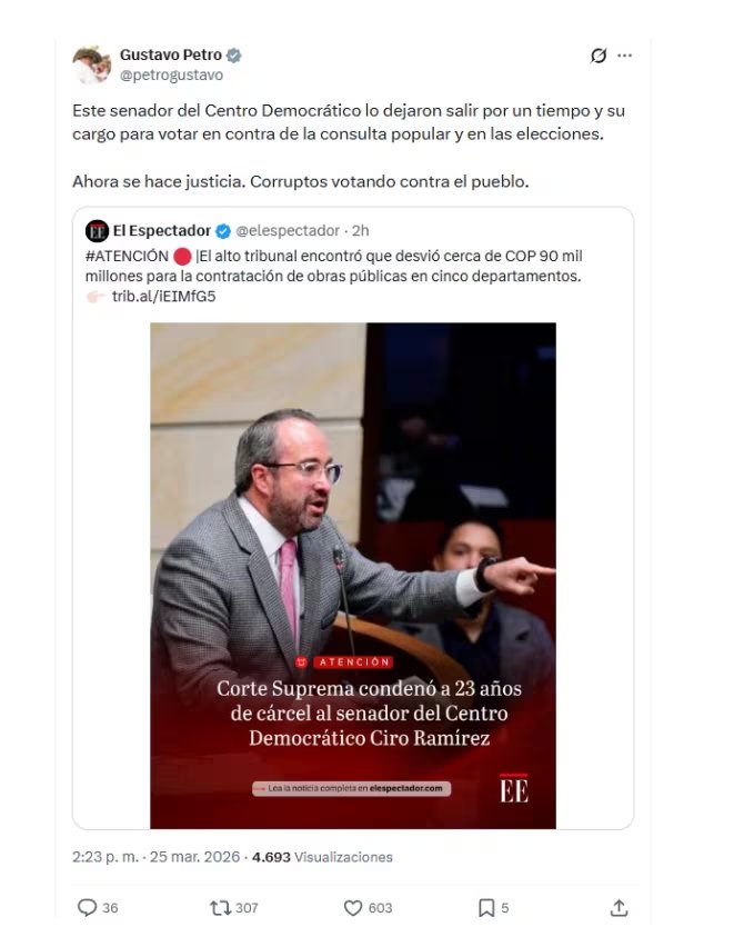 Con este comentario en X, el presidente Gustavo Petro se pronunció sobre la decisión de la Corte Suprema contra el senador Ciro Ramírez - crédito @petrogustavo/X