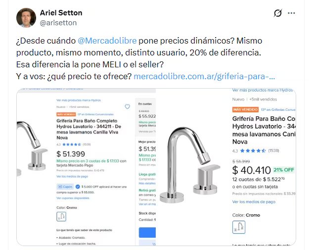 El economista Ariel Setton expone un ejemplo en Twitter de cómo Mercado Libre presuntamente aplica precios dinámicos, mostrando una diferencia del 20% para el mismo producto en el mismo momento. (@arisetton)