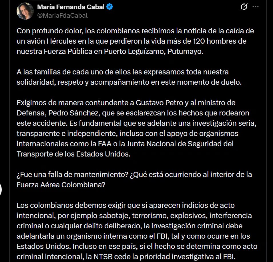 La senadora del Centro Democrático no descartó que pueda tratarse de un ataque terrorista, por lo que pidió celeridad en las investigaciones - crédito X