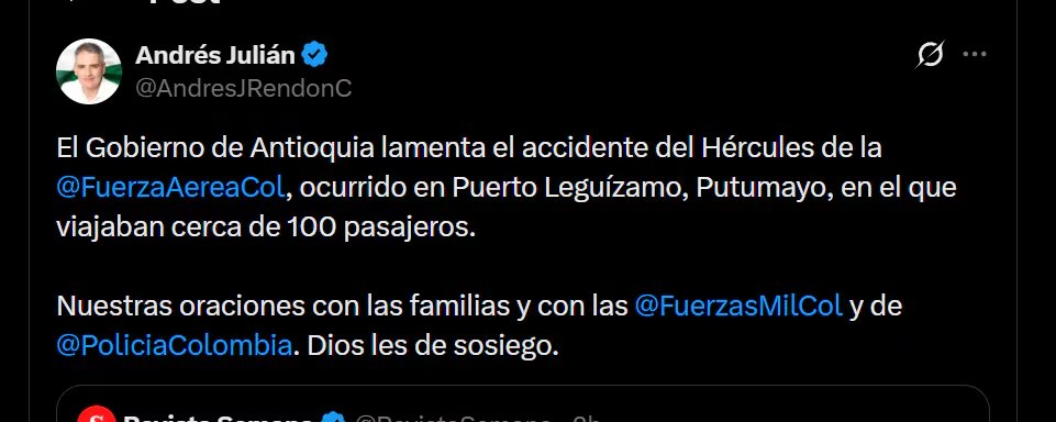 Gobernador de Antioquia expresó sus condolencias tras accidente aéreo de avión de la Fuerza Aérea Colombiana - crédito X