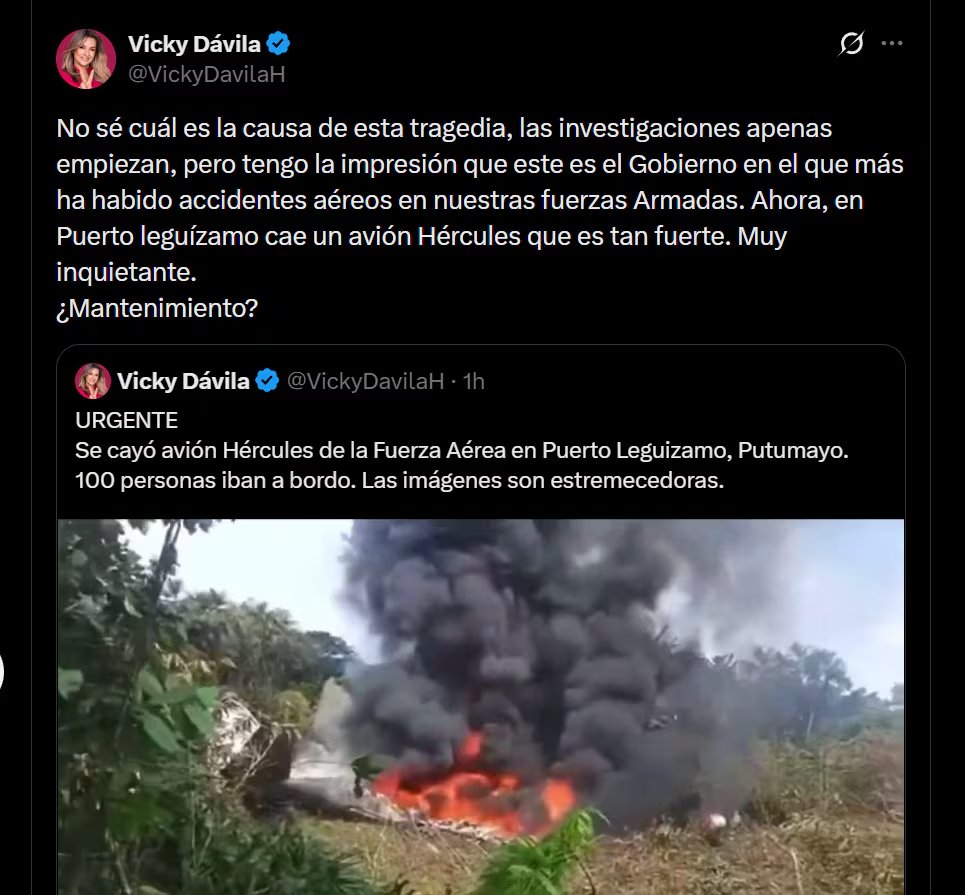La excandidata presidencial Vicky Dávila cuestionó al Gobierno nacional por accidente de avión Hércules - crédito X