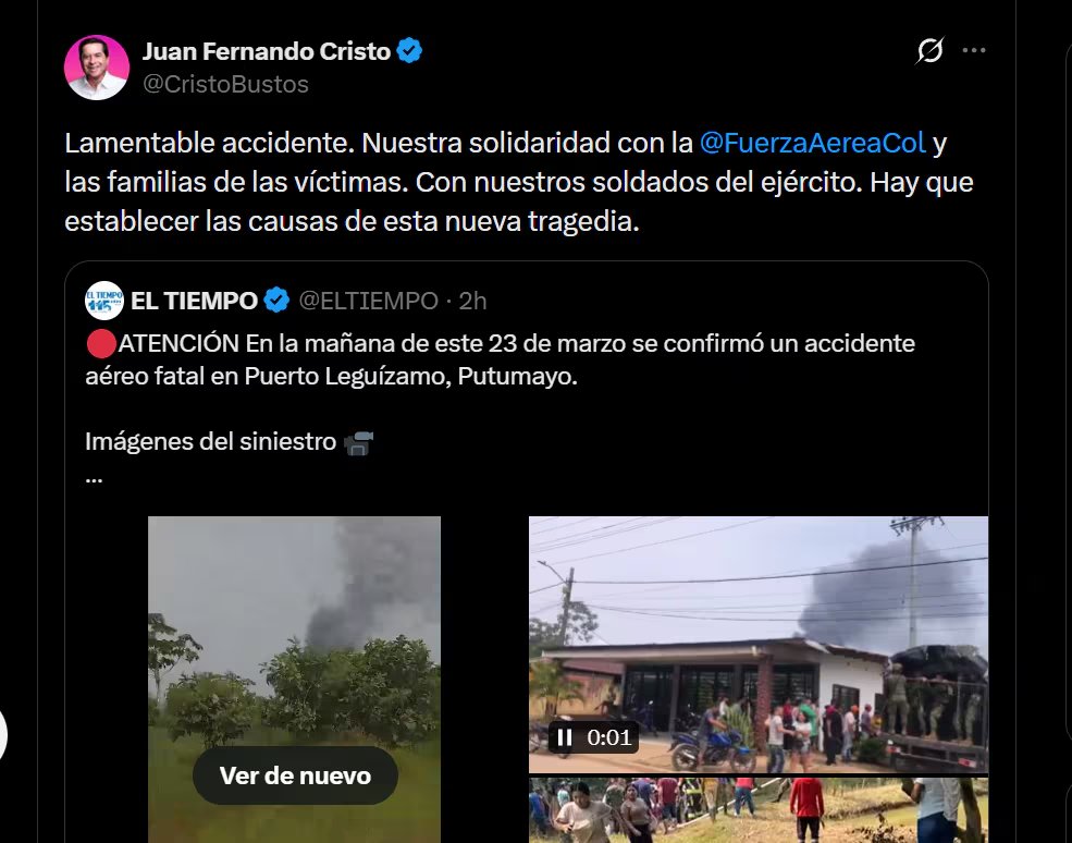 El exministro del Interior envió un mensaje de solidaridad a las Fuerzas Militares tras accidente aéreo - crédito X
