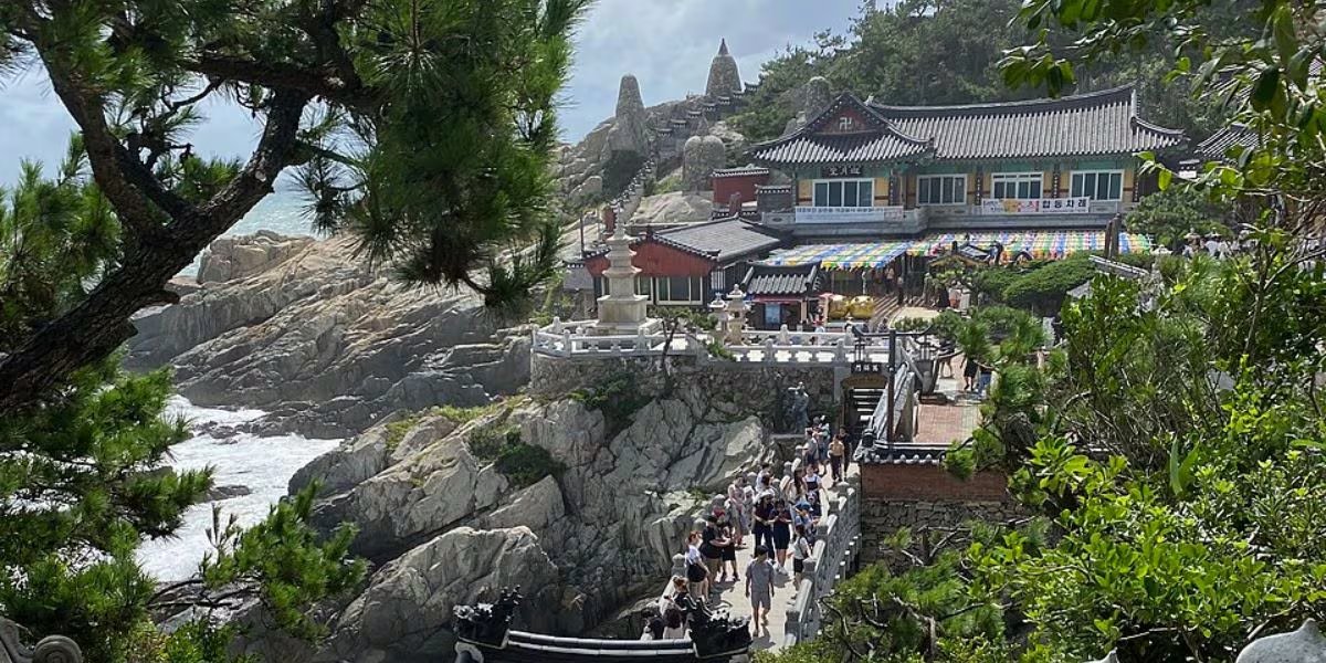 Las esculturas y monumentos de Haedong Yonggungsa, incluidas figuras de la diosa de la compasión y leones de piedra, integran simbolismos de protección y emociones humanas (Wikipedia)