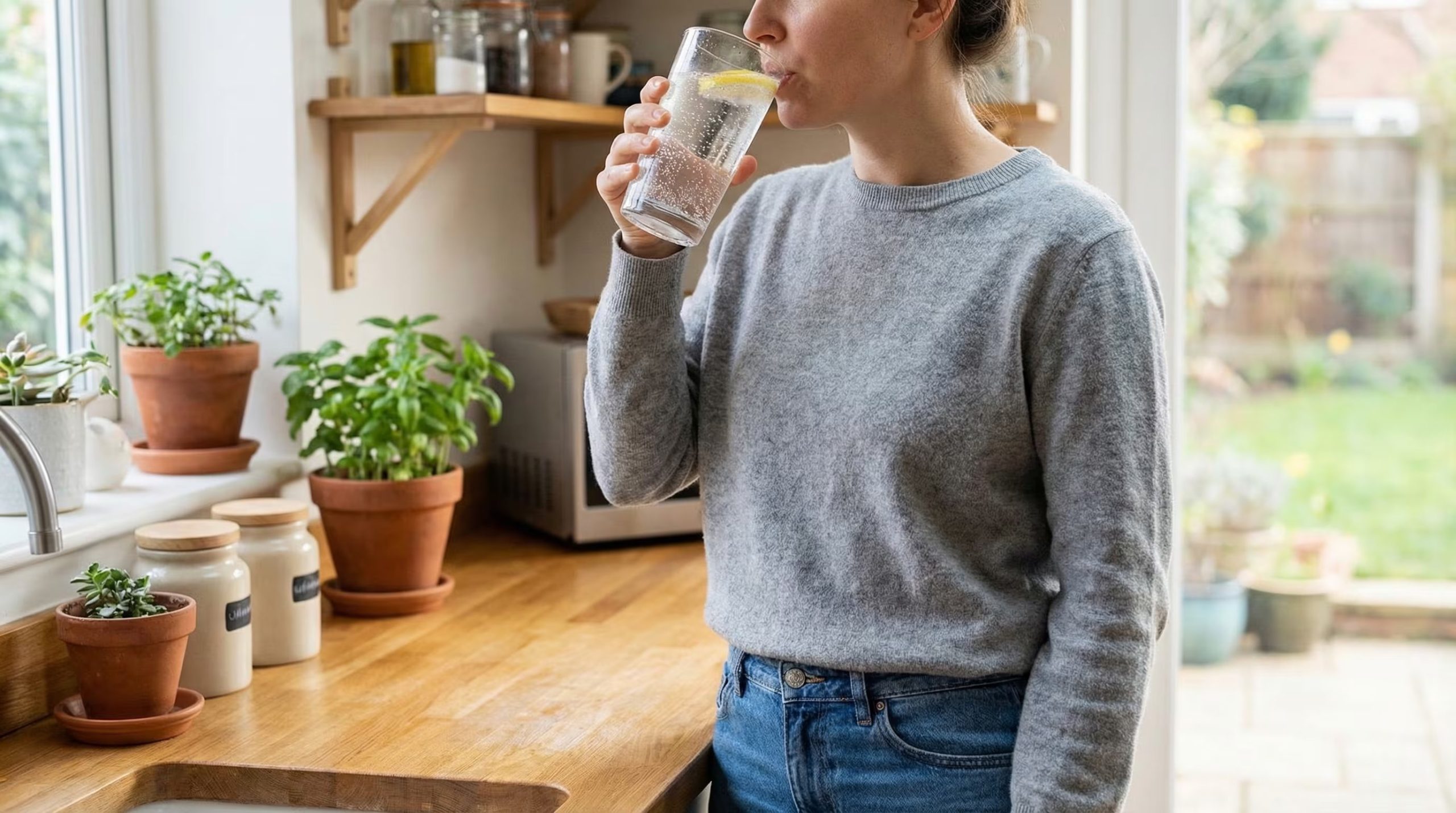 Una persona bebe un vaso de agua en su cocina. (Imagen Ilustrativa Infobae)