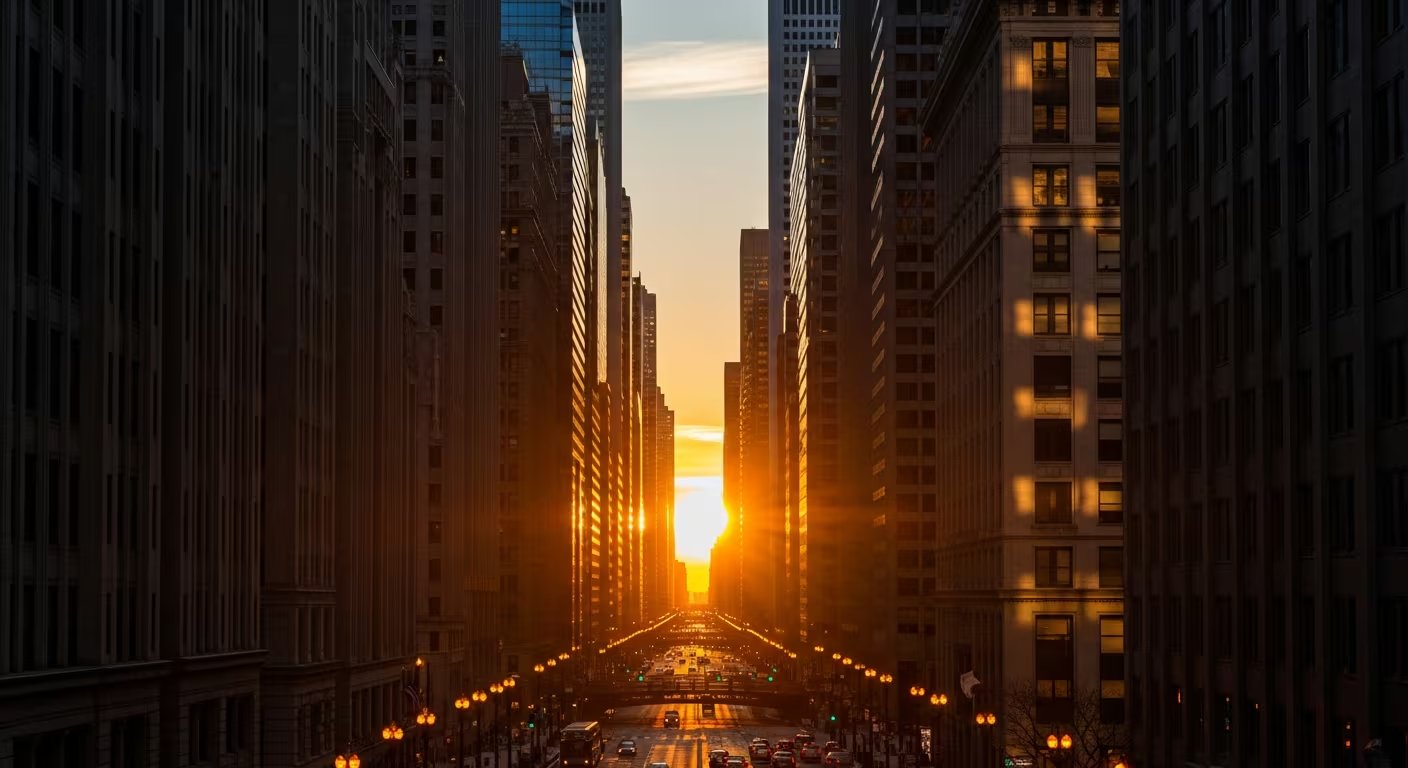 La cuadrícula urbana de Chicago, orientada a los puntos cardinales, permite la alineación perfecta del sol durante los equinoccios (Imagen Ilustrativa Infobae)