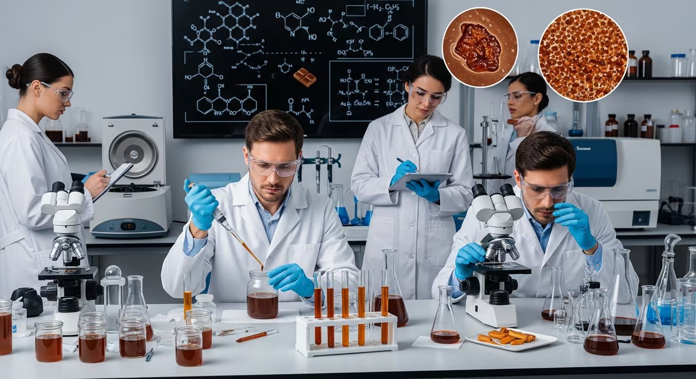 Un equipo de científicos realiza un meticuloso análisis de la miel de chocolate utilizando equipos de laboratorio avanzados, buscando comprender sus propiedades y composición con precisión. (Imagen Ilustrativa Infobae)