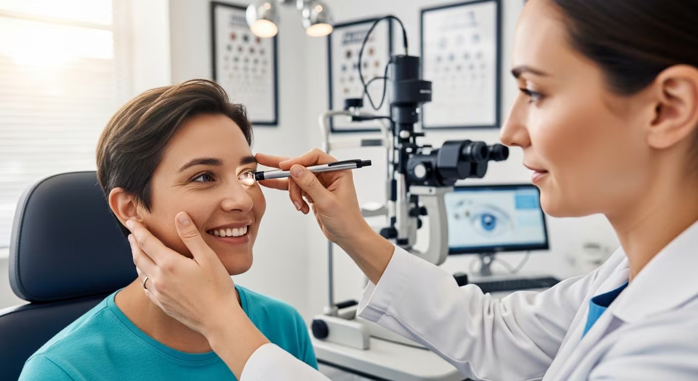 Una profesional de la salud revisa los ojos de una persona sonriente en una clínica especializada. (Imagen Ilustrativa Infobae)