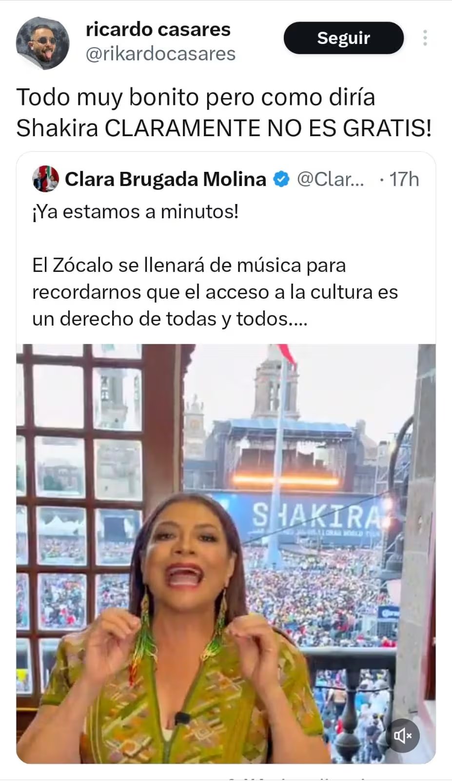 Ricardo Casares compartió en redes sociales un tuit de Clara Brugada sobre un concierto 