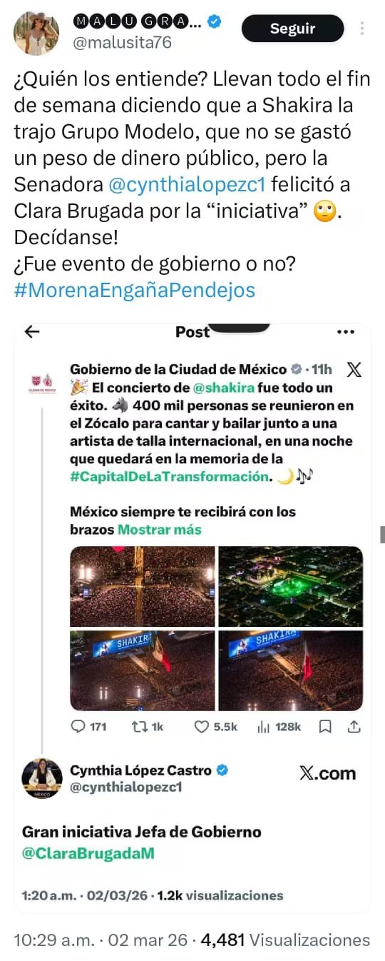 Capturas de pantalla de publicaciones en X (anteriormente Twitter) revelan el debate entre usuarios y políticos sobre la naturaleza y financiamiento del concierto de Shakira en la Ciudad de México. (X)