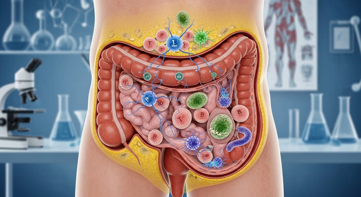 Ilustración médica que muestra una vista interna del tracto digestivo humano, destacando la interacción entre células inmunológicas como linfocitos T y B, bacterias y otros elementos dentro del sistema intestinal. El fondo de laboratorio enfatiza la importancia de la investigación científica en la salud digestiva y la inmunidad. (Imagen Ilustrativa Infobae)