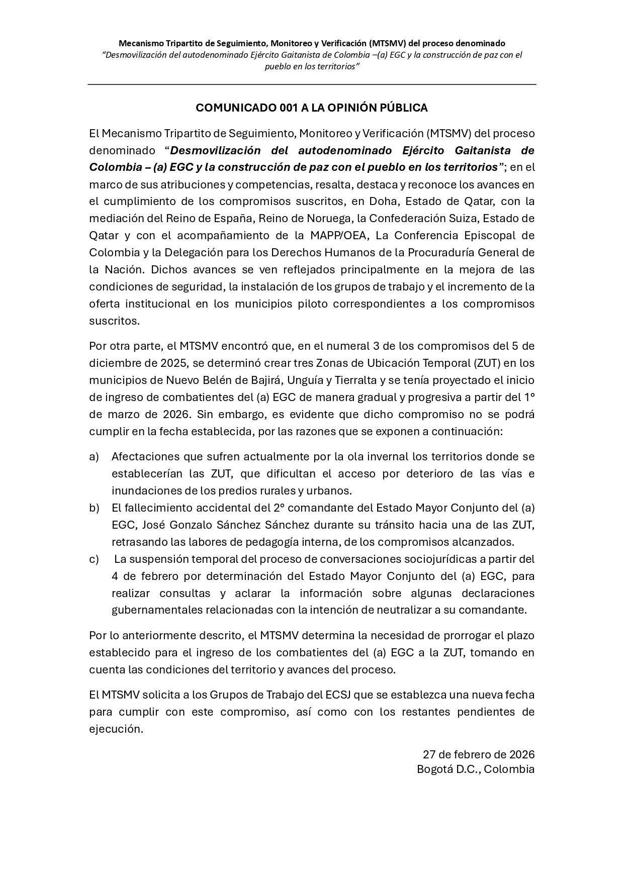 Comunicado Delegaciones de Gobierno y EGC sobre llegada de integrantes del grupo armado a las Zonas de Ubicación Temporal - crédito @MTripartito/X