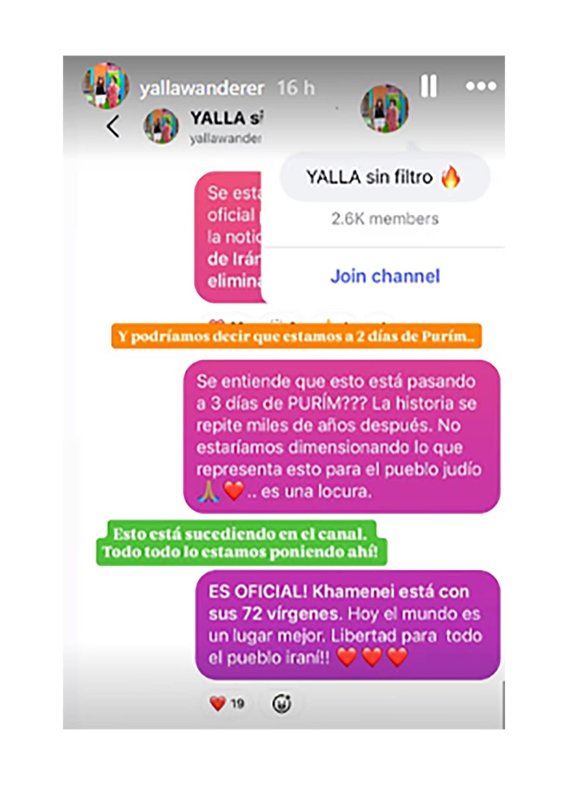 Captura de pantalla de una publicación donde se discuten eventos actuales relacionados con Irán, la festividad de Purim y un mensaje de esperanza para la libertad del pueblo iraní