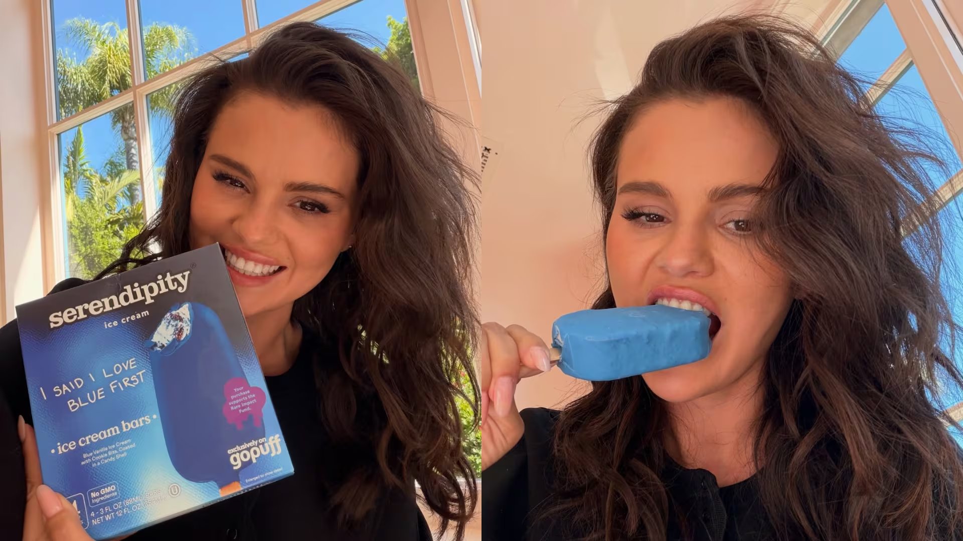 La cantante Selena Gomez posa y prueba su nuevo helado de Serendipity 'I Said I Love Blue First', lanzado para celebrar el aniversario de su álbum (Instagram: @serendipitybrands/@selenafanclub).