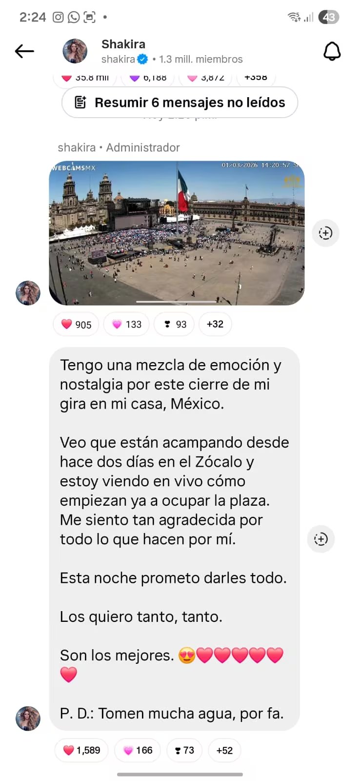 La colombiana dedicó emotivas palabras a sus fans mexicanos