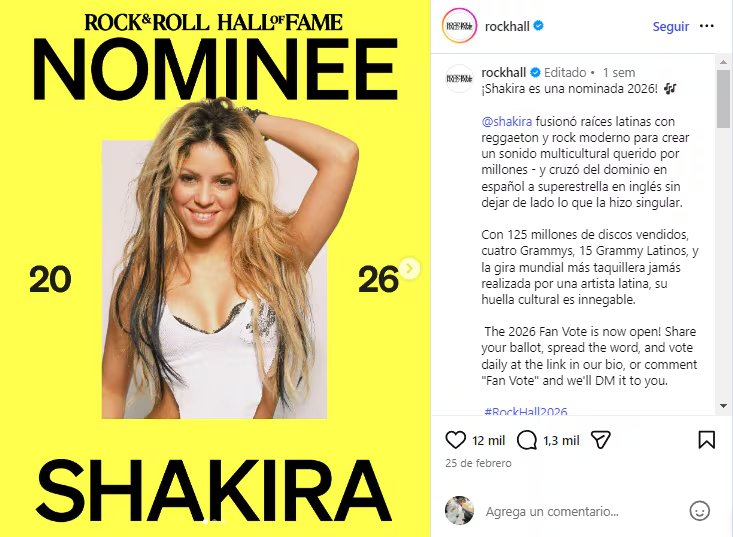 Shakira nominada al Salón de la Fama del Rock & Roll 2026 - crédito @rockhall/IG
