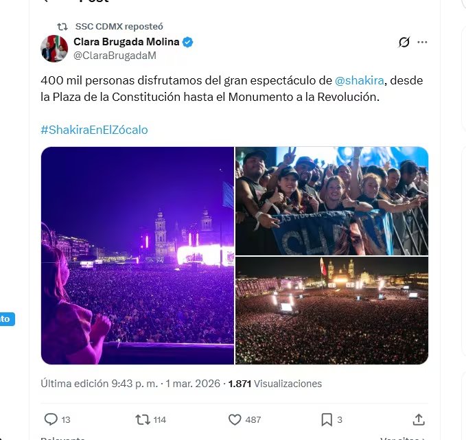 Shakira rompió récord con 400 mil asistentes (X/ @ClaraBrugadaM)