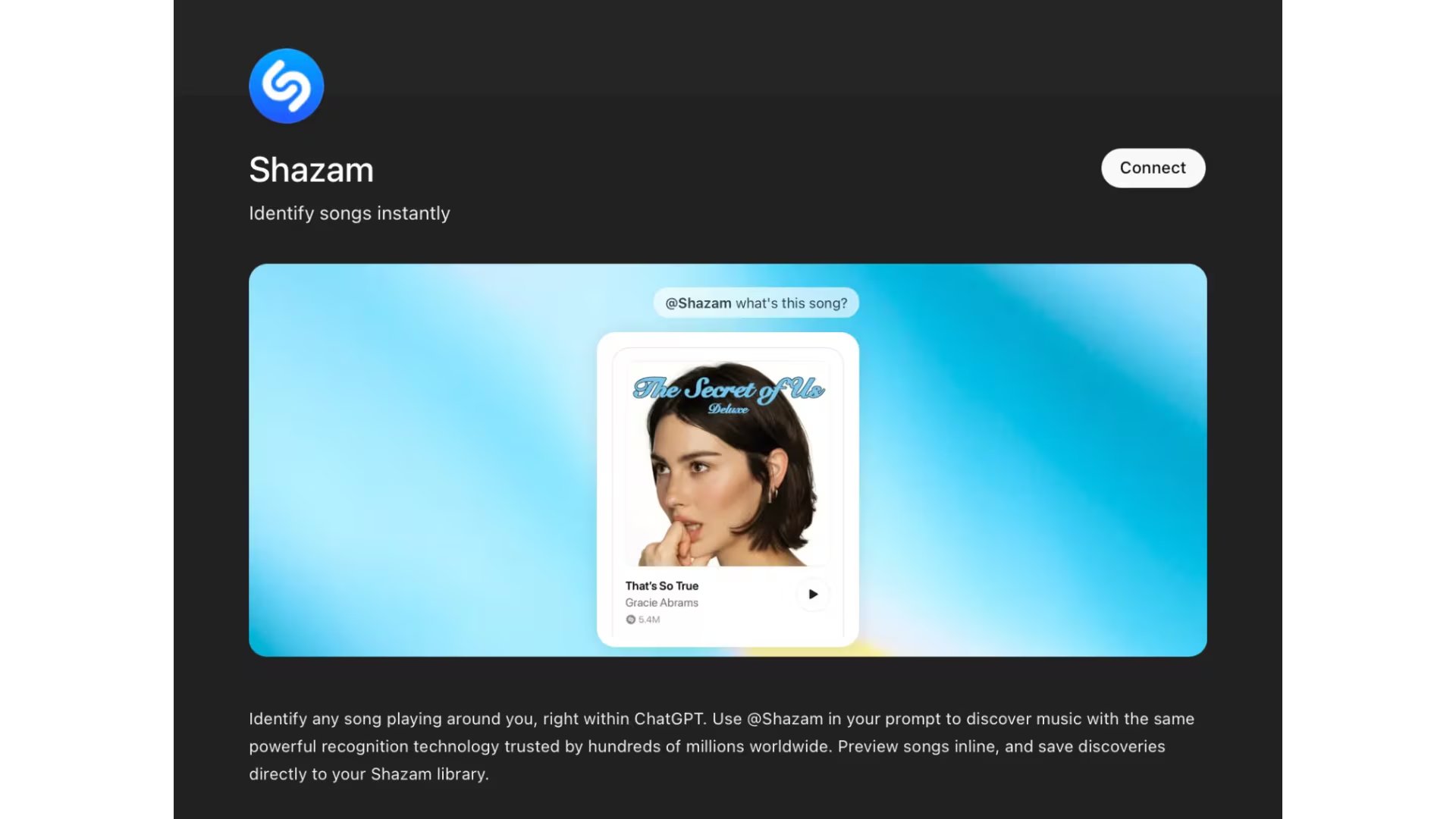 La nueva función permite reconocer música desde el chat, sin necesidad de instalar la app de Shazam. (OpenAI)