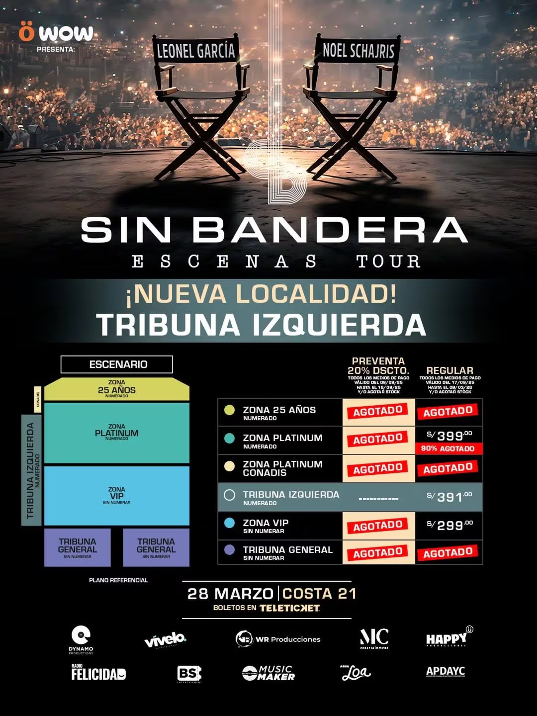 Este póster promocional anuncia la habilitación de nuevas localidades, incluyendo la Tribuna Izquierda, para el concierto de Sin Bandera en el Costa 21 de Lima, Perú, el 28 de marzo.