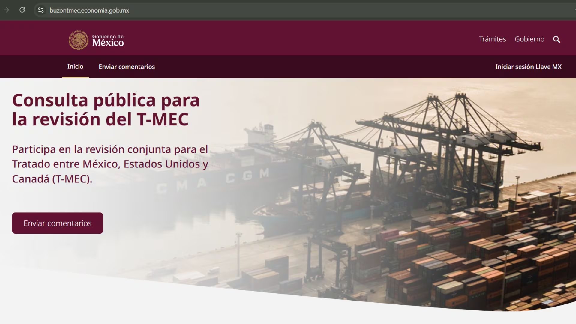 Página oficial del Gobierno de México para mandar comentarios relacionados con el T-MEC. (FOTO: Captura de pantalla)