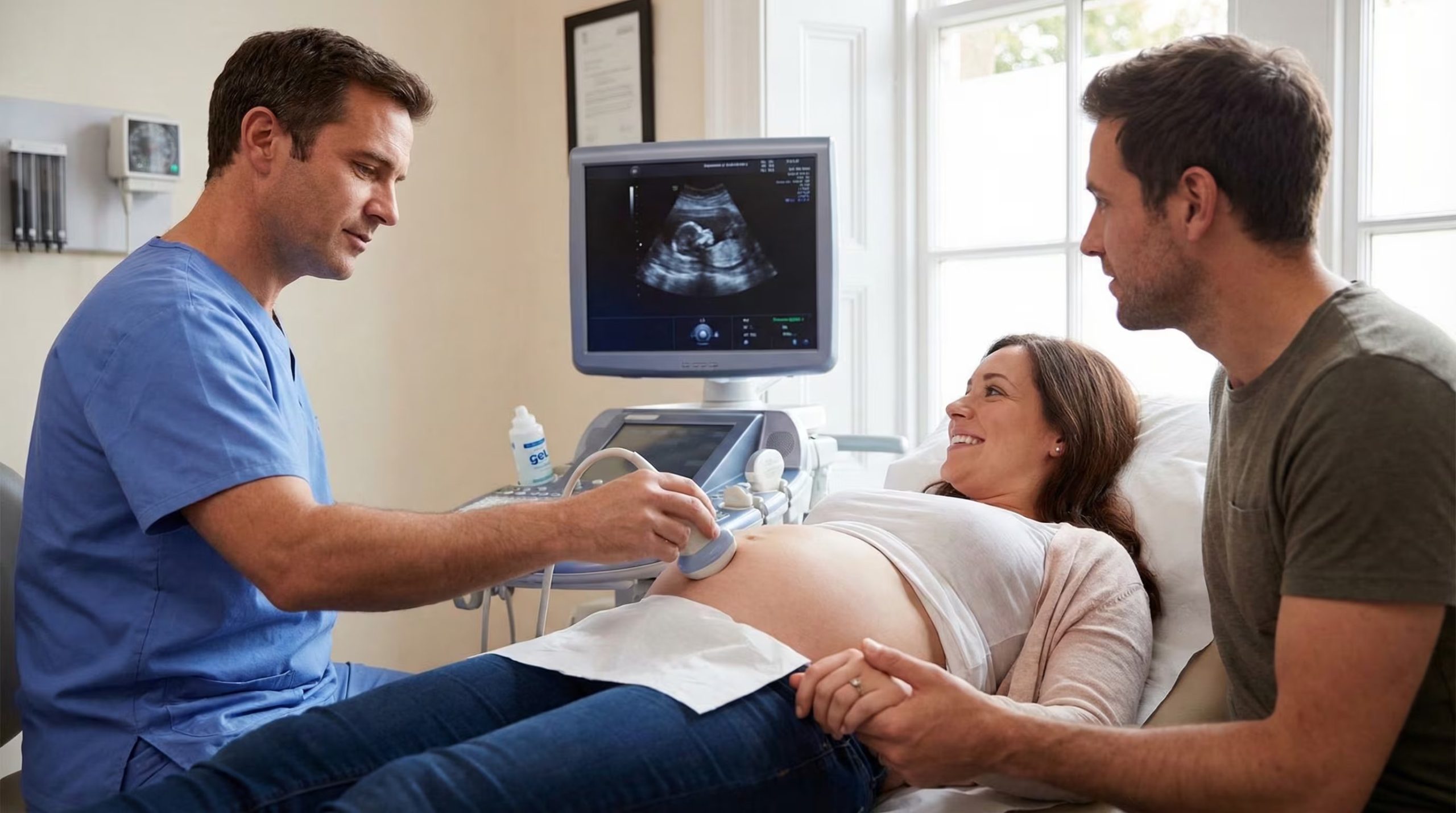 Un médico realiza un examen de ultrasonido a una mujer embarazada sonriente, mientras su pareja le toma la mano y observa el monitor en una clínica. (Imagen Ilustrativa Infobae)