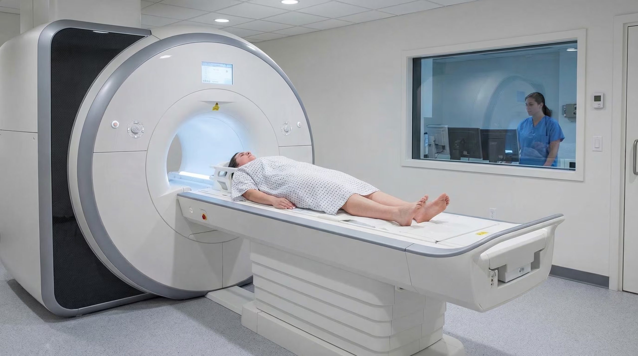 Una paciente se somete a una resonancia magnética en un entorno clínico, mientras una técnica médica observa atentamente los monitores desde una sala de control adyacente. (Imagen Ilustrativa Infobae)