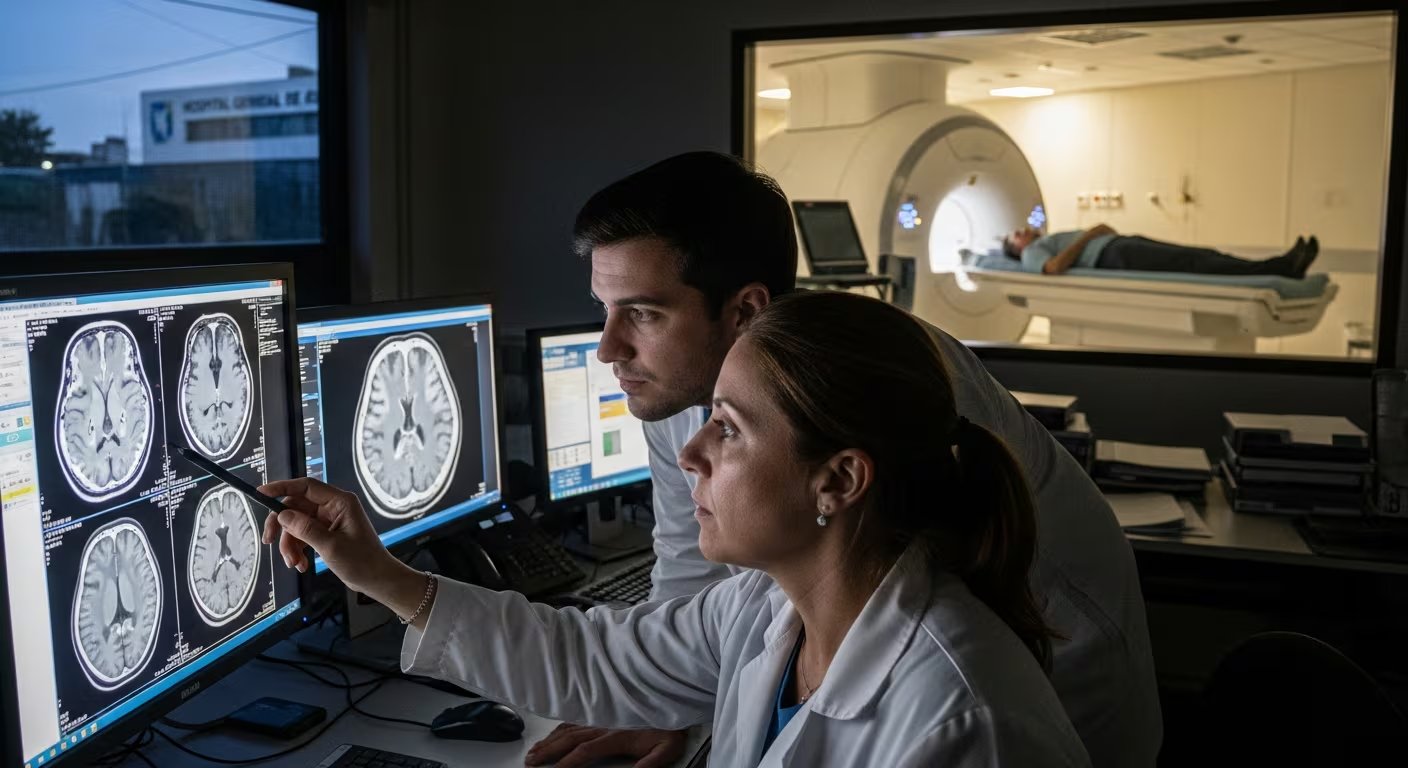 Dos profesionales de la salud revisan detalladamente tomografías y resonancias magnéticas cerebrales en monitores, mientras un paciente se somete a un estudio de imagen en una máquina de resonancia magnética al fondo. La escena, capturada en un hospital moderno, ilustra la avanzada tecnología utilizada para el diagnóstico médico y la importancia del trabajo multidisciplinario en el sector salud. (Imagen Ilustrativa Infobae)
