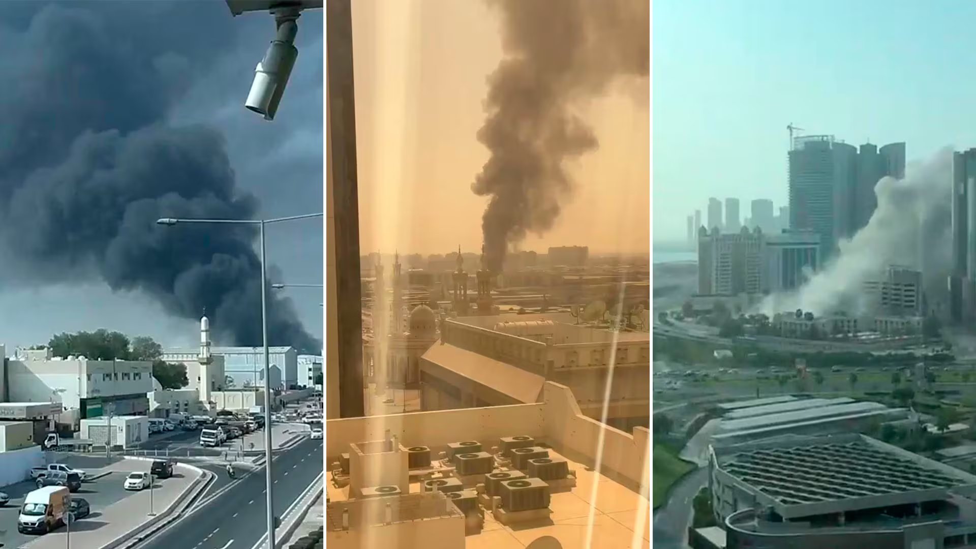 Múltiples columnas de denso humo negro se elevan sobre el paisaje urbano de Bahréin tras los recientes ataques, reflejando la creciente tensión en la región del Golfo (Captura de video)