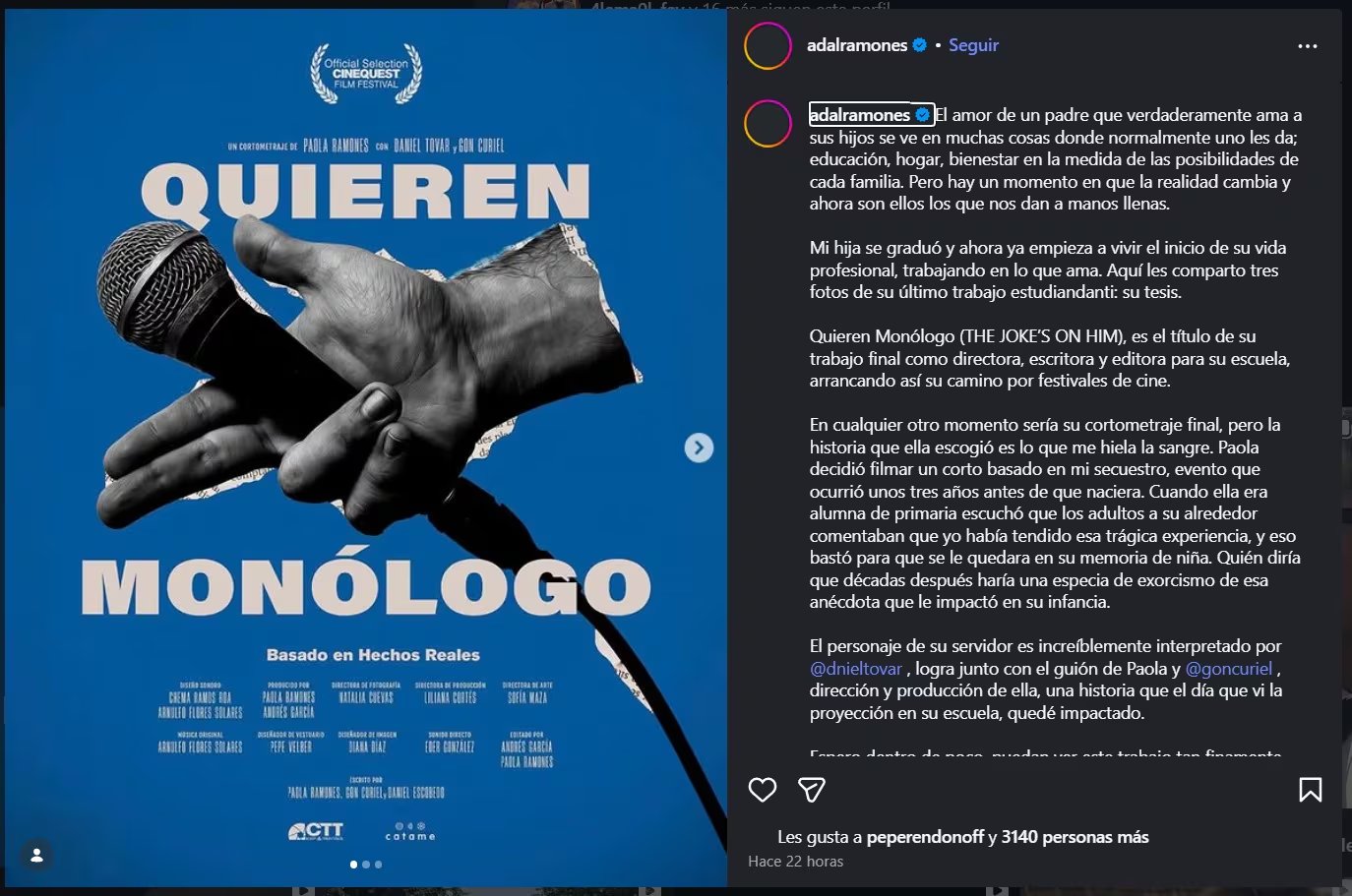 Ramones se dijo orgulloso por el proyecto de su hija (IG)