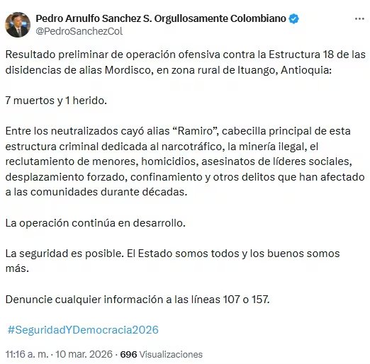 Ministro de Defensa sobre muerte de alias Ramiro - crédito @PedroSanchezCol/X