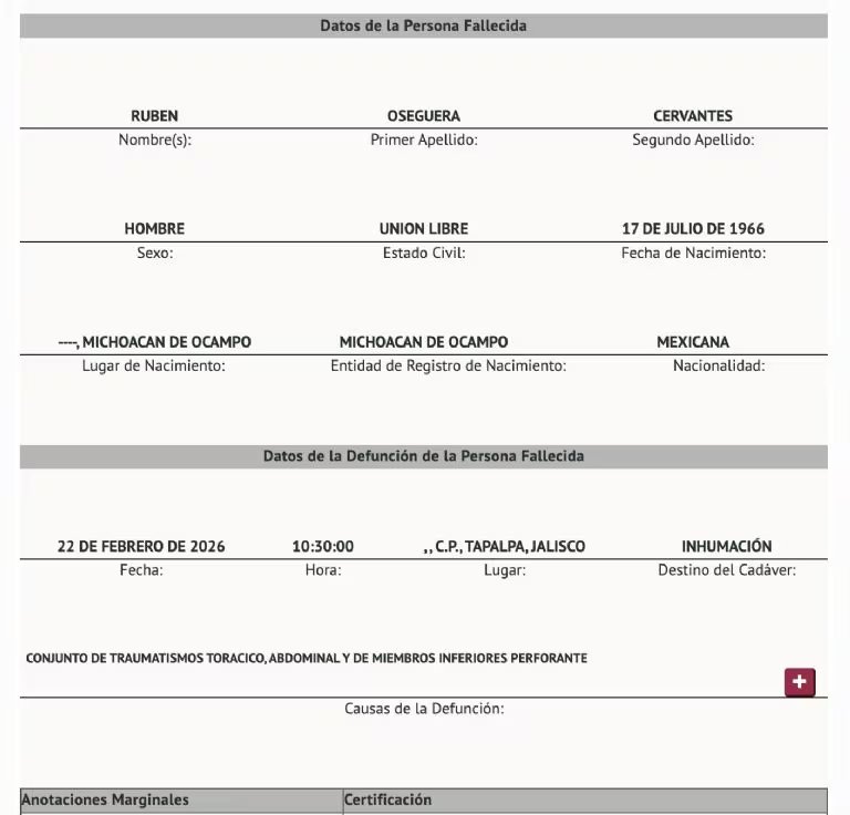 El acta de defunción número 3830, emitida por el Registro Civil de la Ciudad de México, documenta la muerte de Oseguera Cervantes por impactos de arma de fuego en pecho, abdomen y extremidades, ocurrida el 22 de febrero de 2026 en Tapalpa, Jalisco, y avala la entrega del cuerpo a sus familiares.