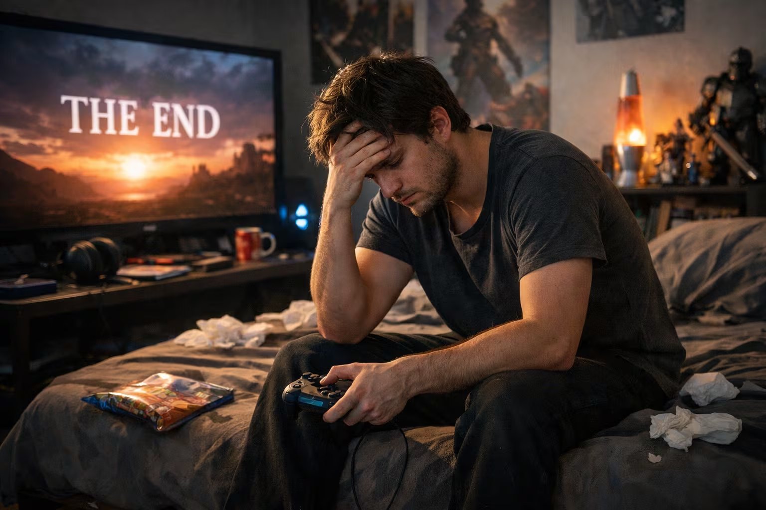 Un hombre joven se muestra visiblemente deprimido en su cama, con la cabeza en la mano y un controlador de videojuegos, después de ver 