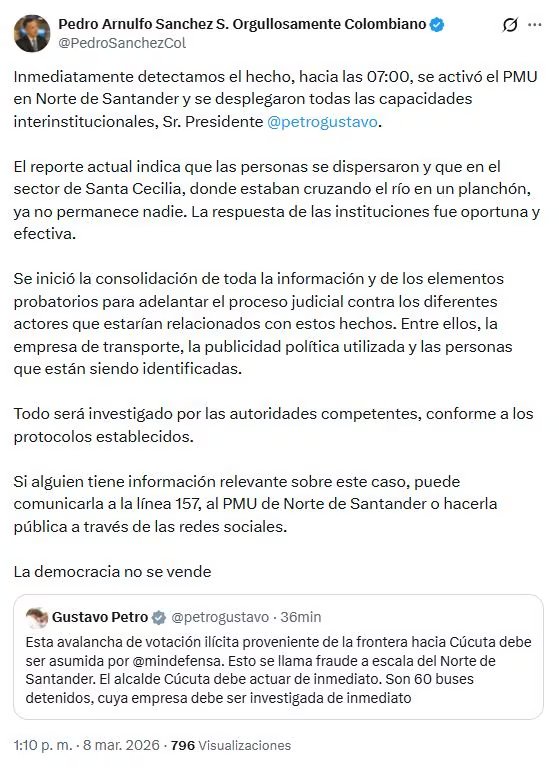 Mientras Petro exigió acciones inmediatas del Ministerio de Defensa, el ministro Sánchez reportó que las personas que cruzaron el río Tachira se dispersaron por el sector de Santa Cecilia - crédito @PedroSanchezCol/X