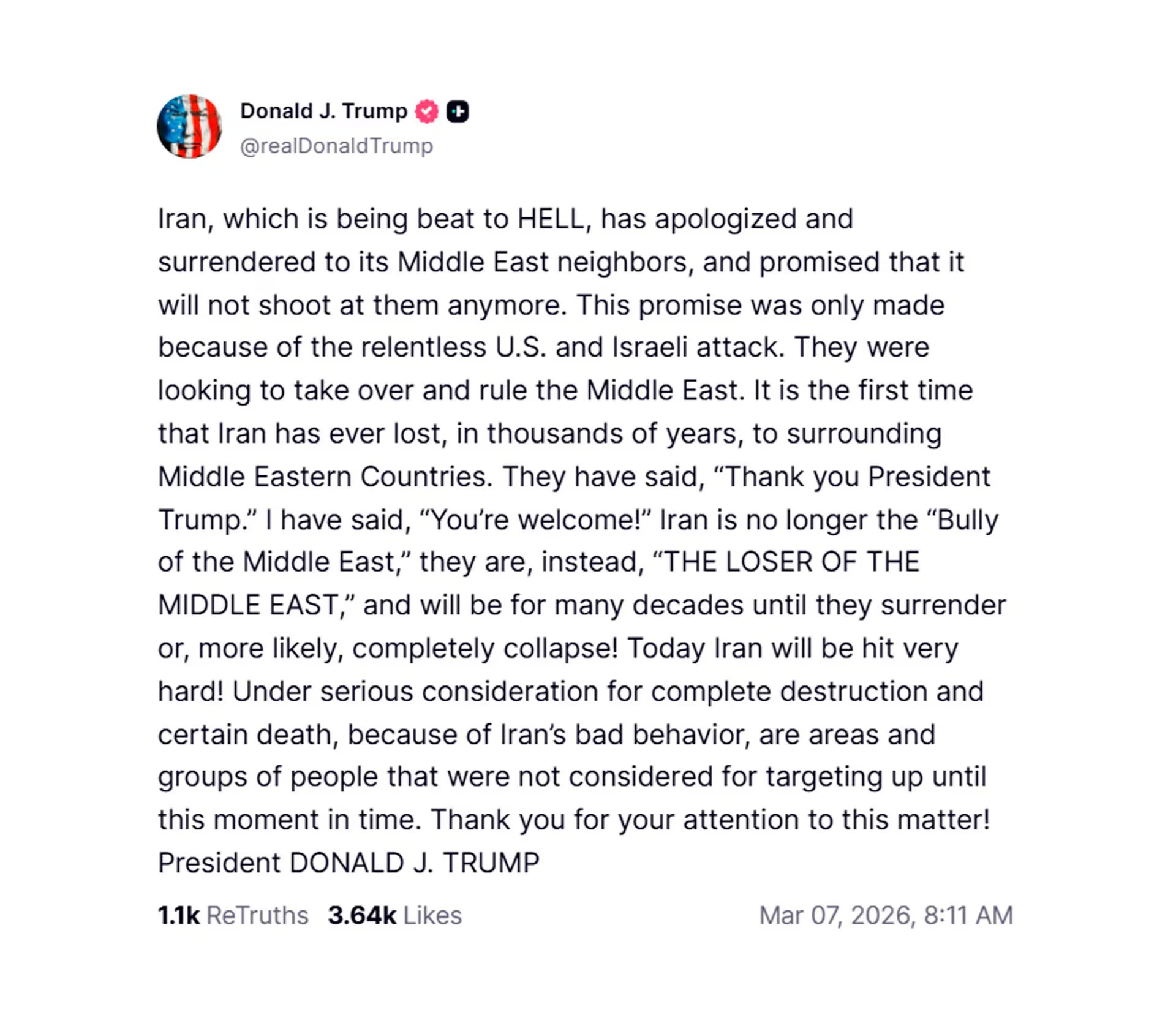 Donald Trump publica un extenso mensaje en Truth Social arremetiendo contra Irán, afirmando que se ha 